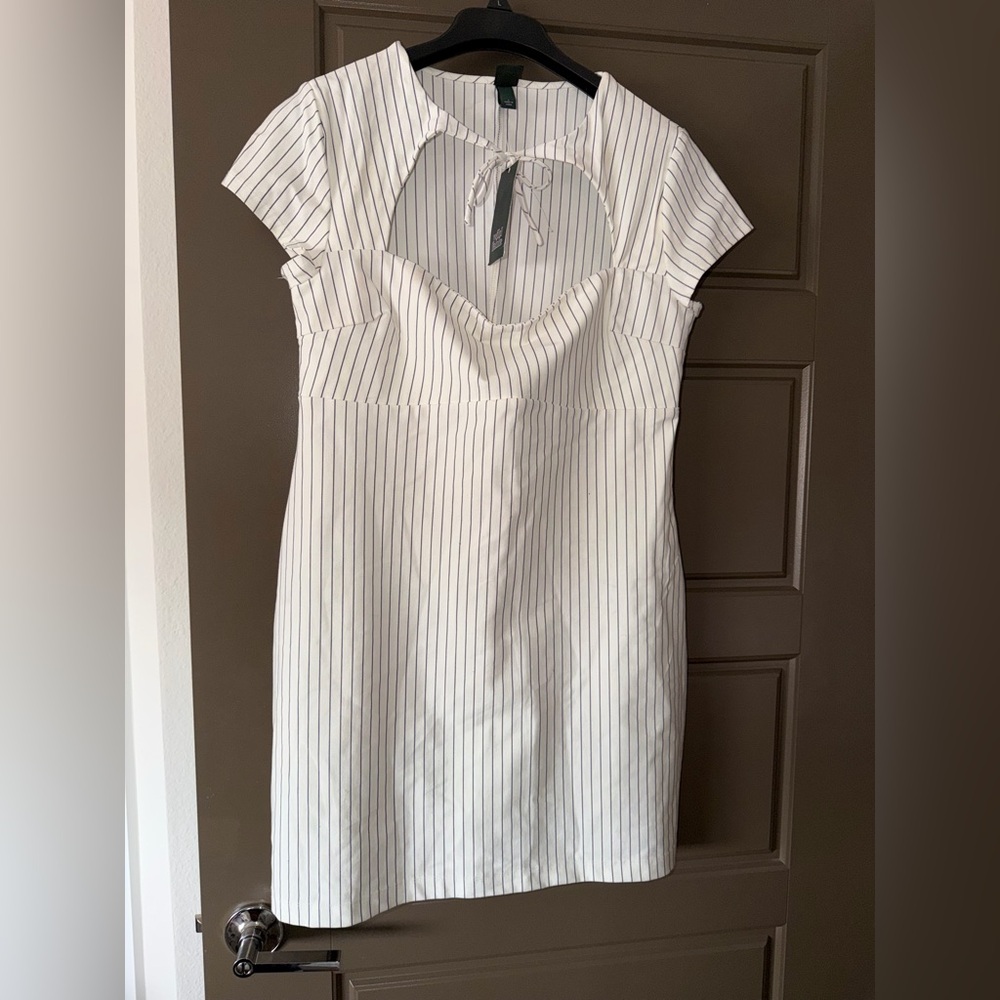 wild fable White Dress with Navy Pinstripes and Front Cutout